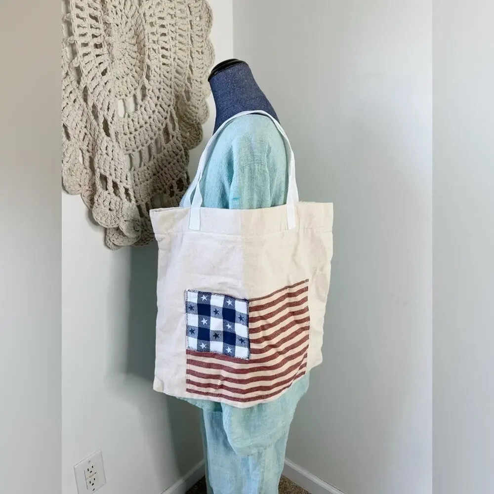 Vintage Handmade American Flag Patchwork Quilted Tote Bag